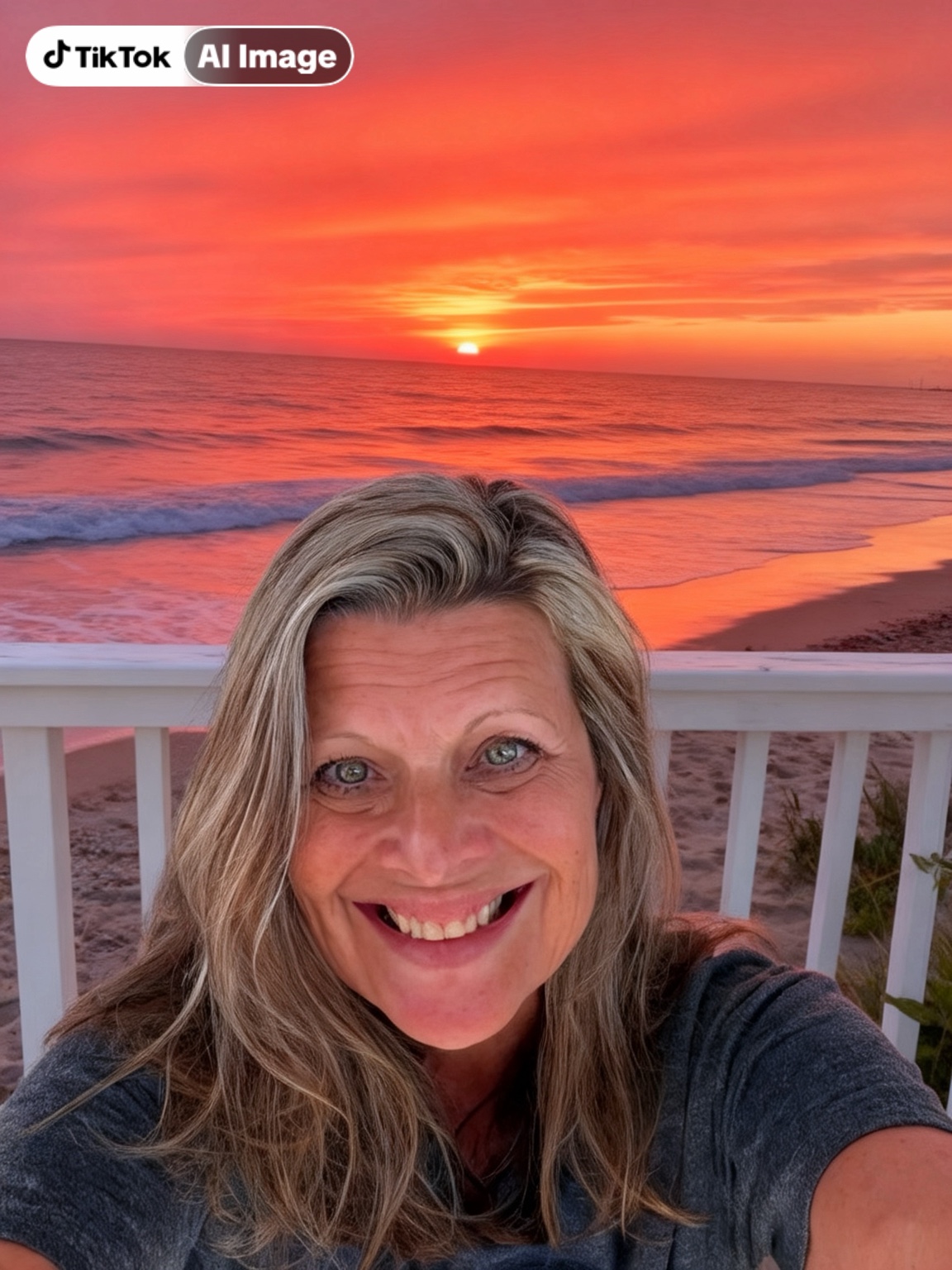 AI-assisted portrait of Sheri Julian with the ocean and sunset behind her